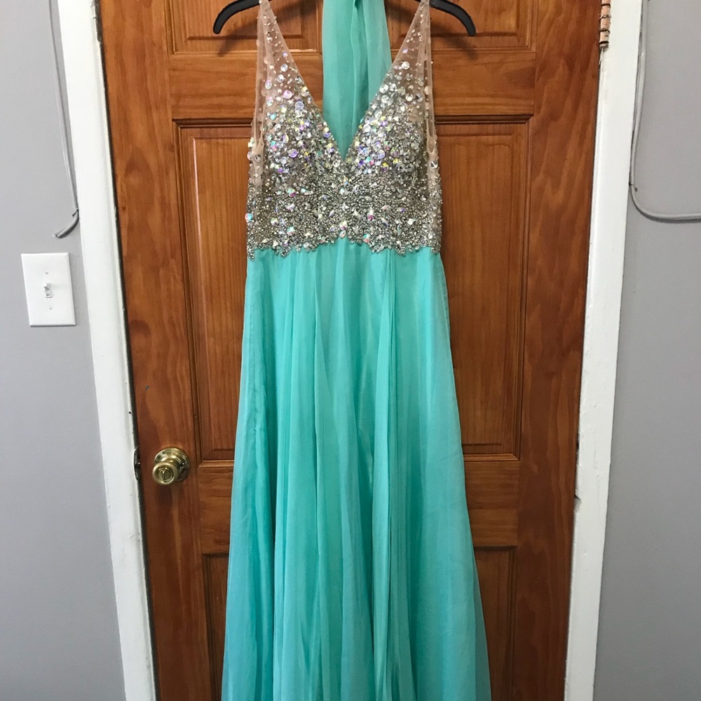 Elegant Sequin Halter Prom Dress - Aqua